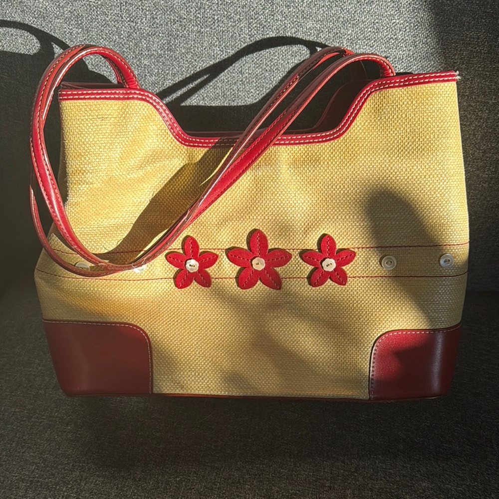 Red and Yellow Tote Bag with Textured Material and Flower Appliqués